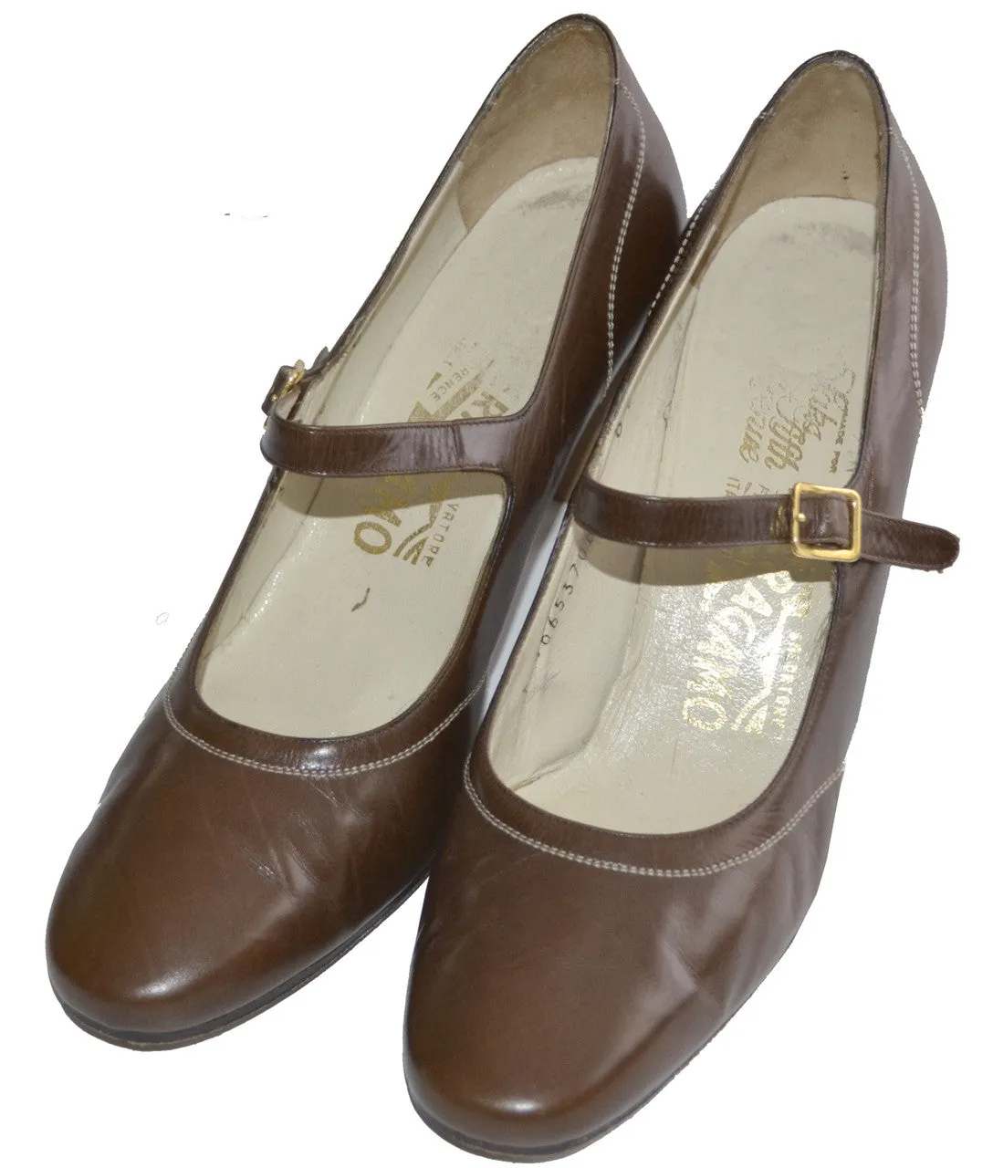 1970s Salvatore Ferragamo Brown Leather Mary Janes Vintage Shoes 8.5