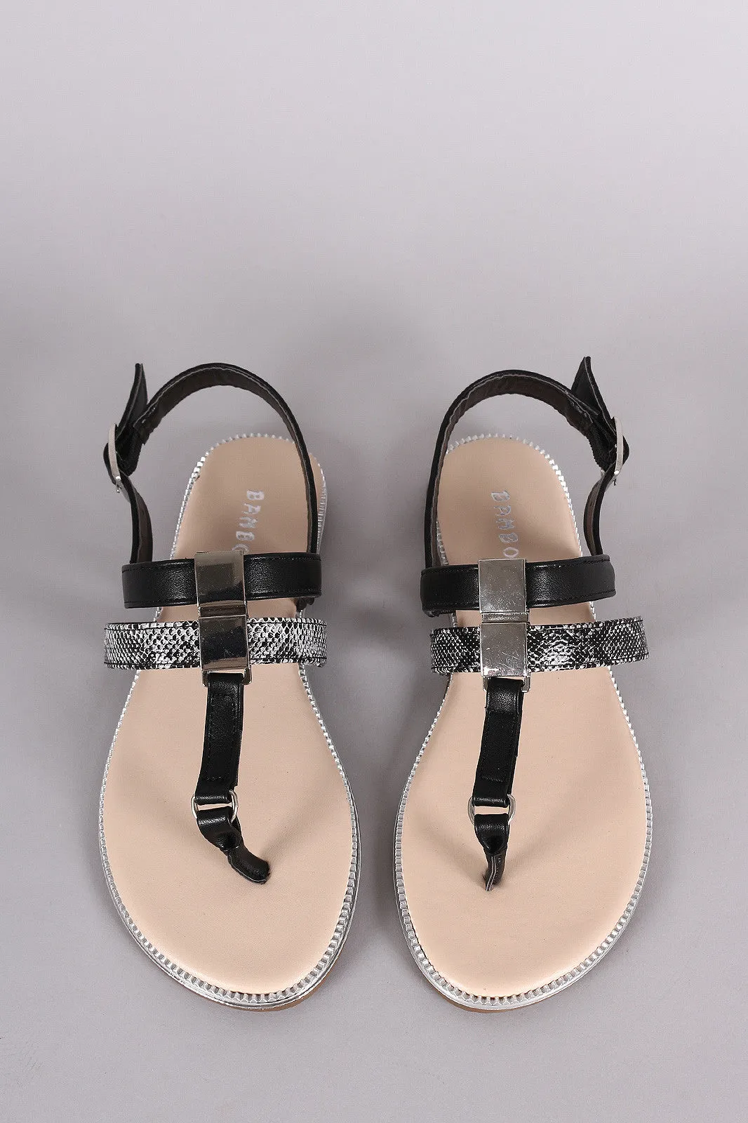 Bamboo Snake Metallic Trim Slingback T-Strap Flat Sandal