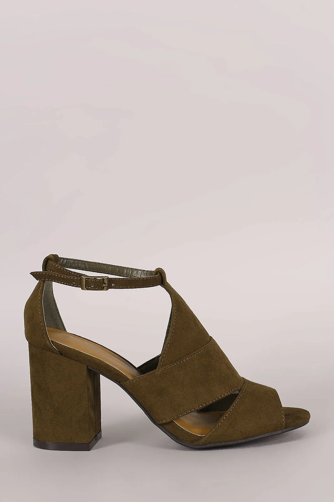 Bamboo Suede Cutout Ankle Strap Chunky Mule Heel