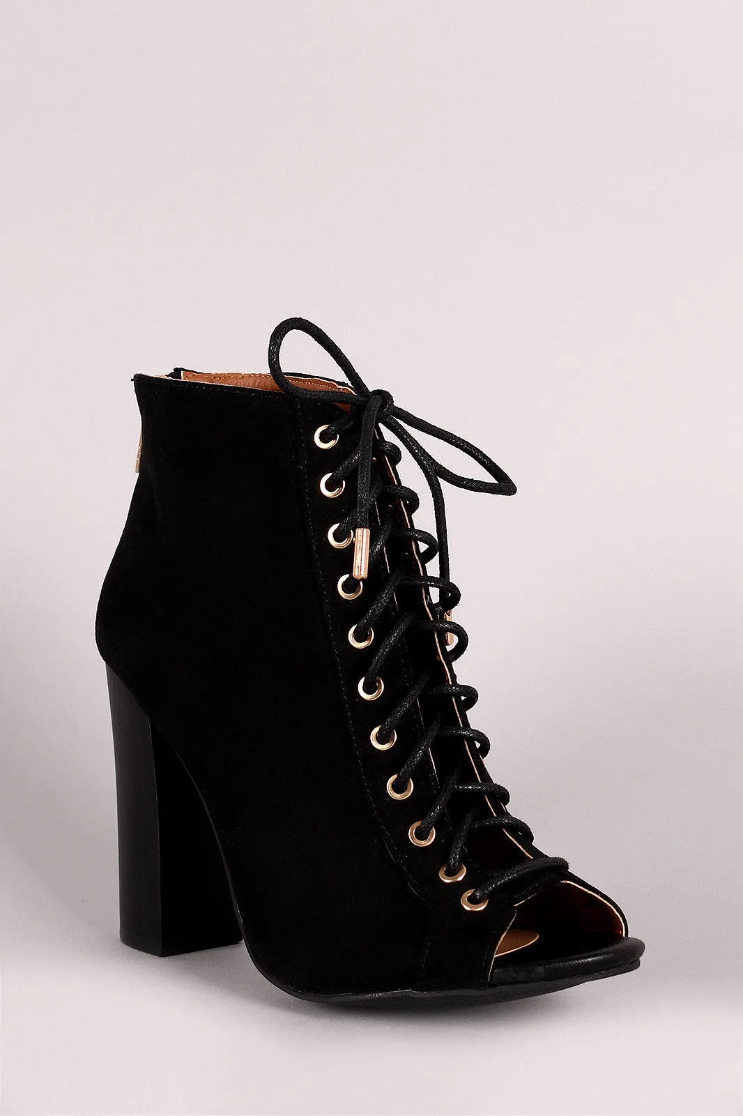 Bamboo Suede Peep Toe Lace Up Chunky Heeled Booties