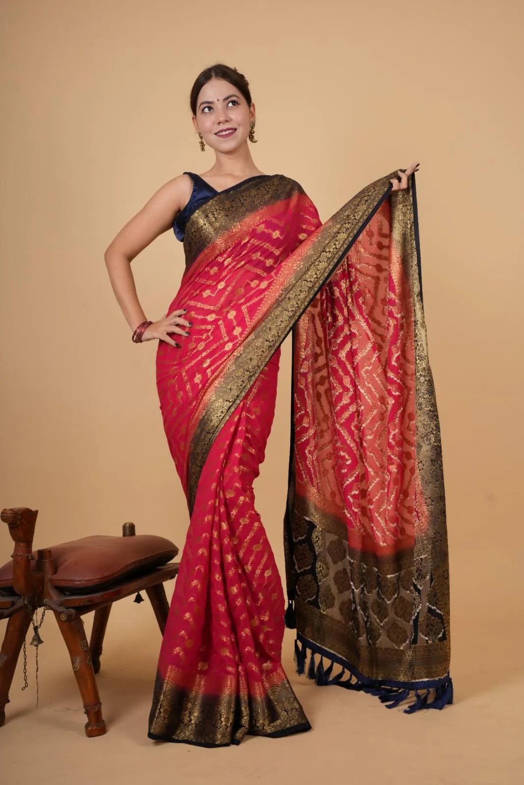 Beautiful Pink Zari Woven Overall Banarasi Georgette Silk With Contrast Border And Ornate Palla Ready To Wear Saree