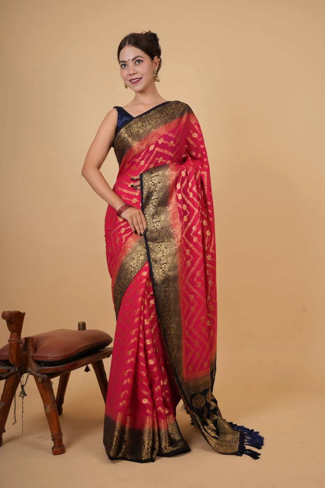 Beautiful Pink Zari Woven Overall Banarasi Georgette Silk With Contrast Border And Ornate Palla Ready To Wear Saree