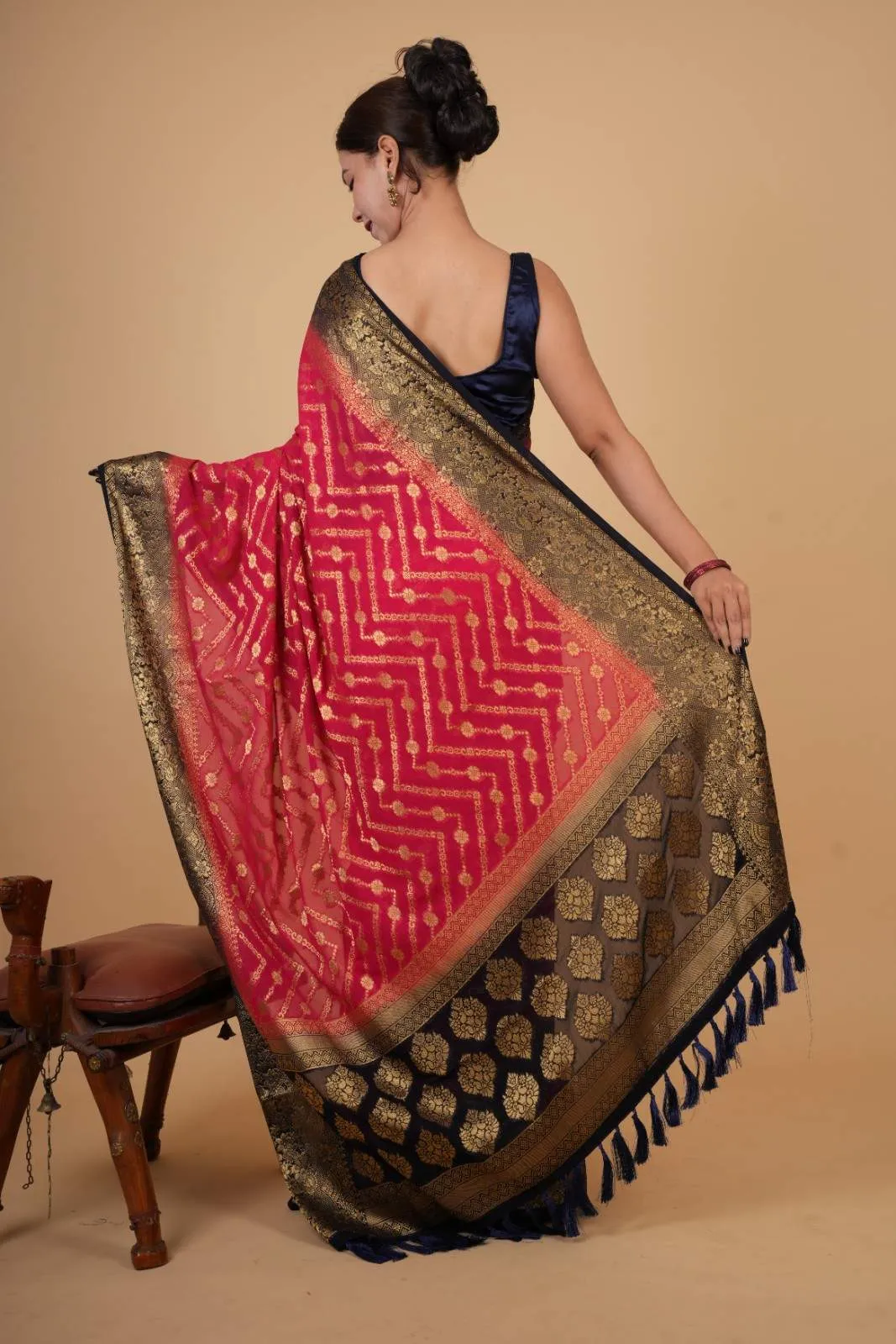 Beautiful Pink Zari Woven Overall Banarasi Georgette Silk With Contrast Border And Ornate Palla Ready To Wear Saree