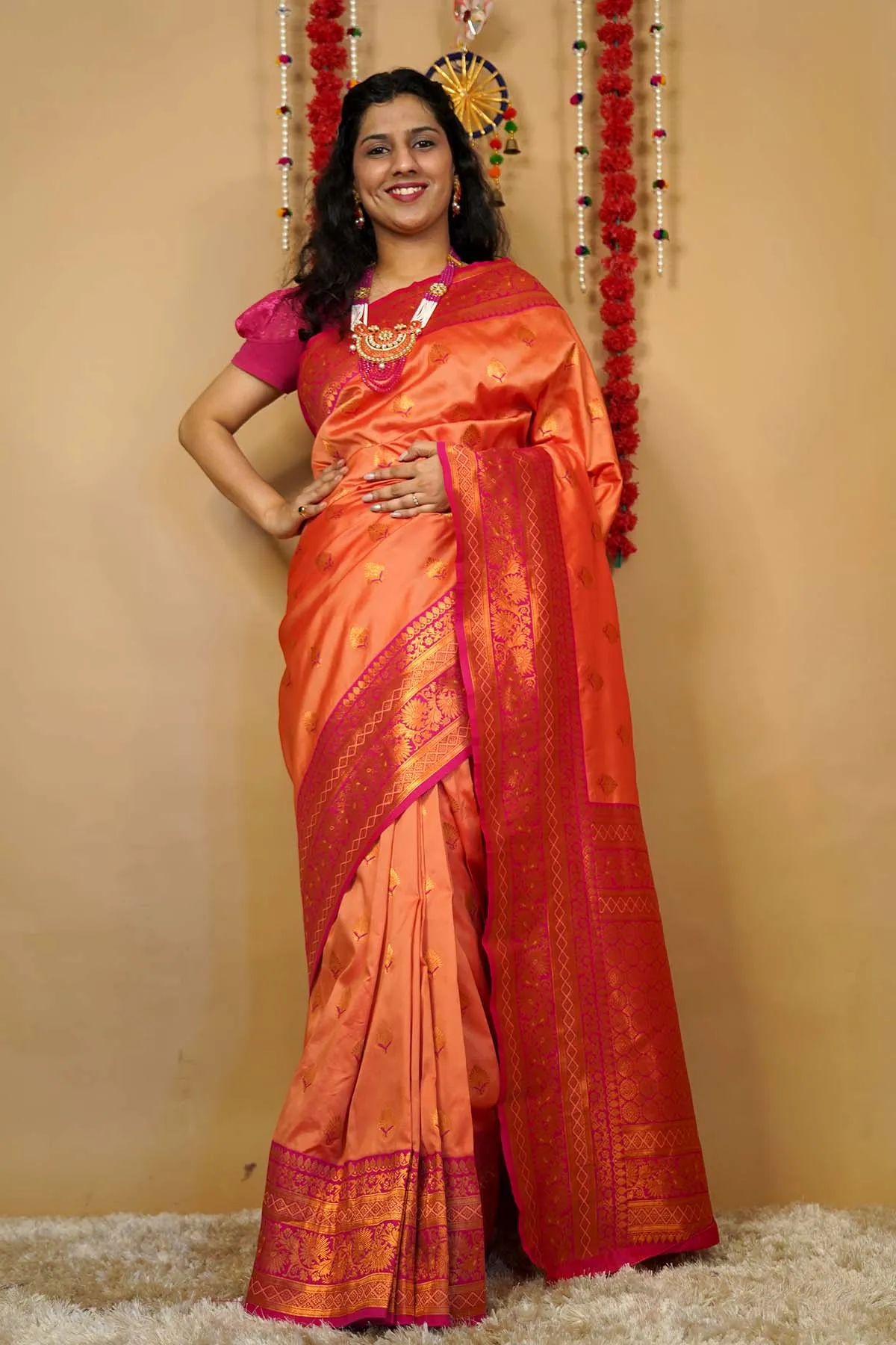 Beautiful Red Orange  Dhoop chaanv banarasi With ornate border and Pallu Wrap in one minute saree