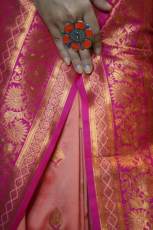 Beautiful Red Orange  Dhoop chaanv banarasi With ornate border and Pallu Wrap in one minute saree