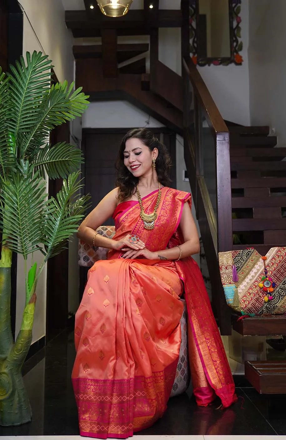 Beautiful Red Orange  Dhoop chaanv banarasi With ornate border and Pallu Wrap in one minute saree