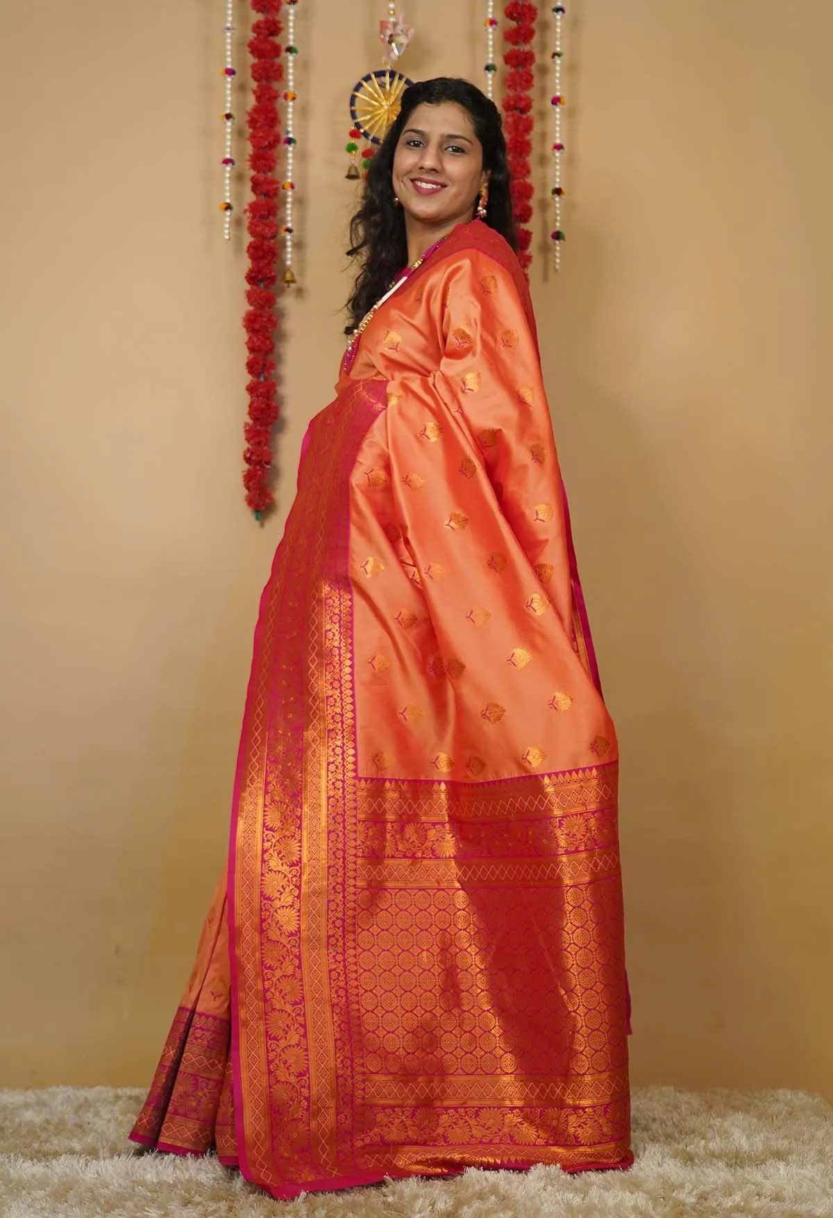 Beautiful Red Orange  Dhoop chaanv banarasi With ornate border and Pallu Wrap in one minute saree