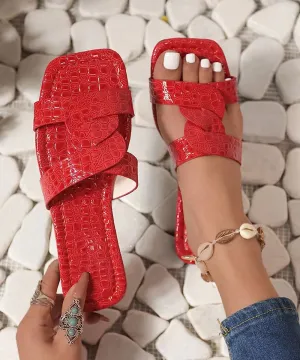 Boho Red Plus Size Faux Leather Slide Sandals Peep Toe DD1011