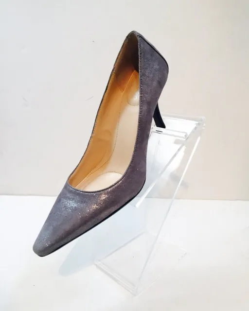 CALVIN KLEIN Silver Metallic Suede Heels with Leather Tan Padded Insole Size 6