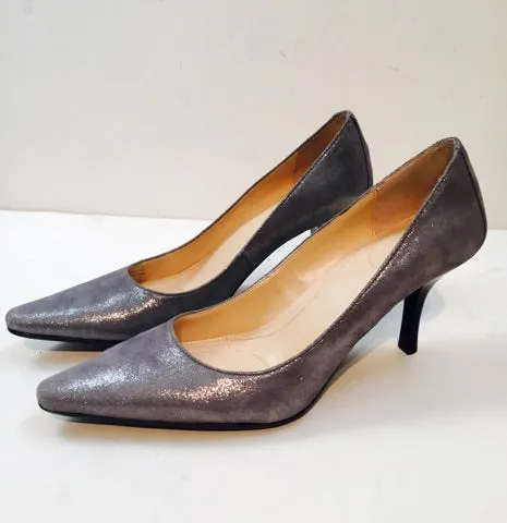 CALVIN KLEIN Silver Metallic Suede Heels with Leather Tan Padded Insole Size 6