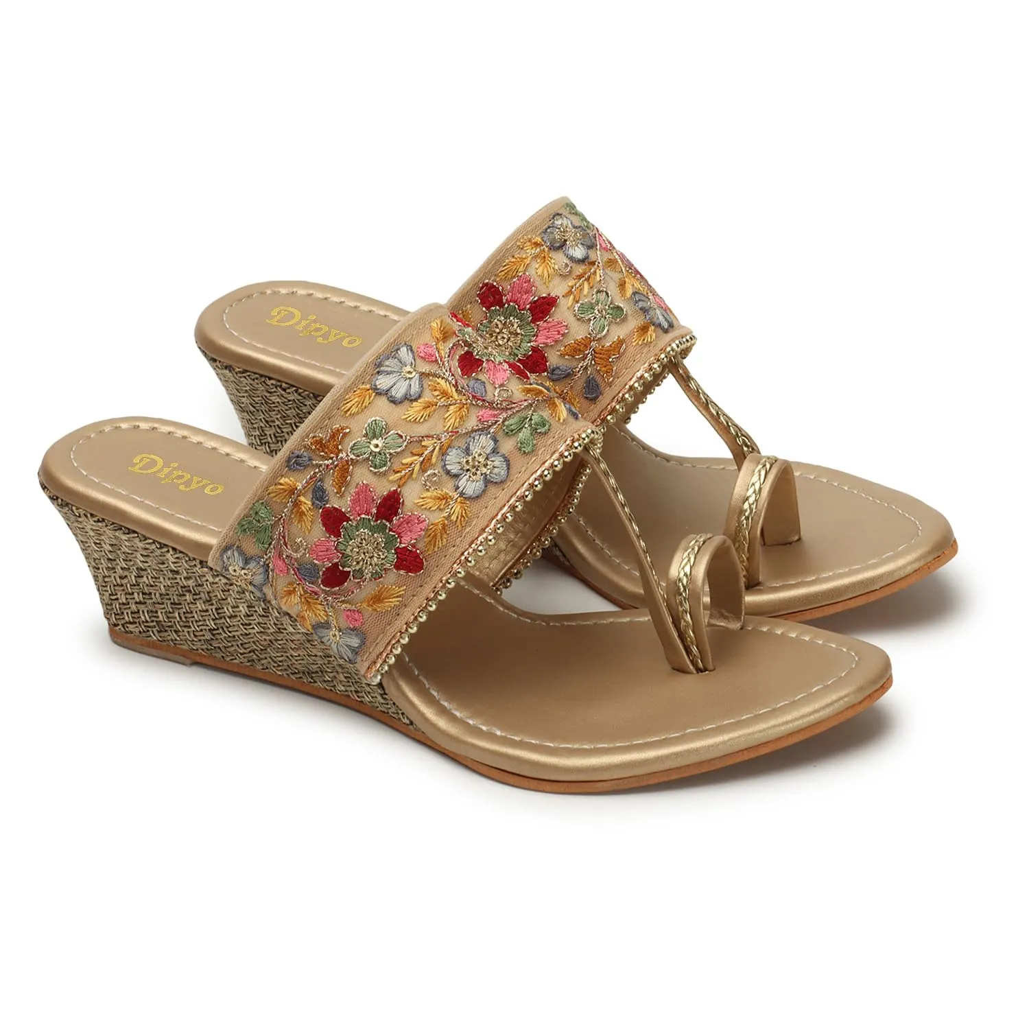 DIPYO Fancy Wedding Embroidery Wedges Heel Sandal For Women & Girls | (Golden, 40)