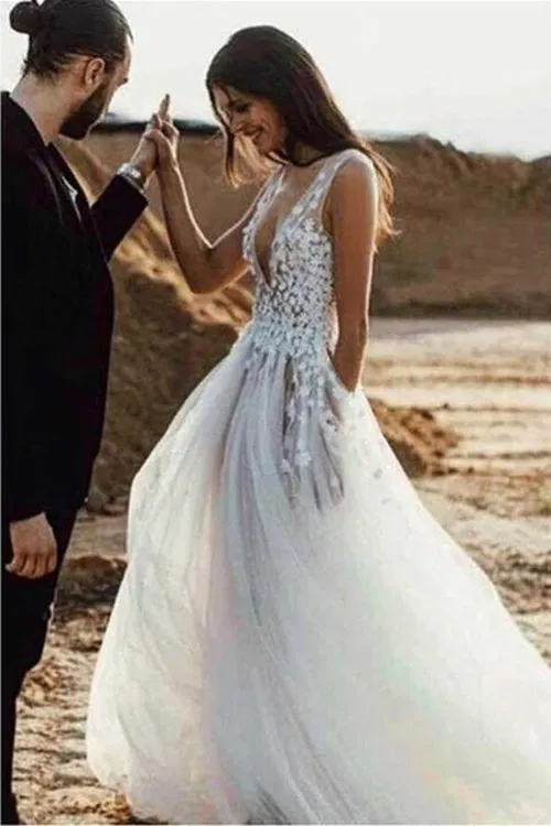 Fabulous See-through A-line V-neck Beach Wedding Dresses with Side Slit, SW288