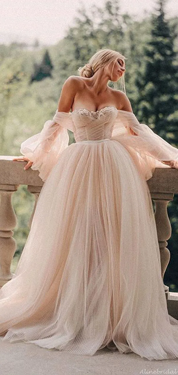 Fancy Off-shoulder Sweetheart Tulle A-line Long Prom Dress, PD3072