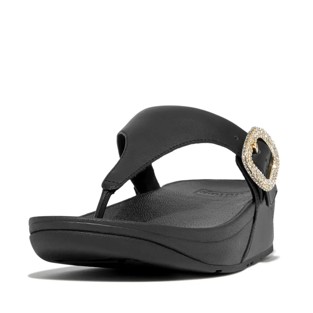 FitFlop Lulu Crystal Buckle Leather Toe Post Sandals Black