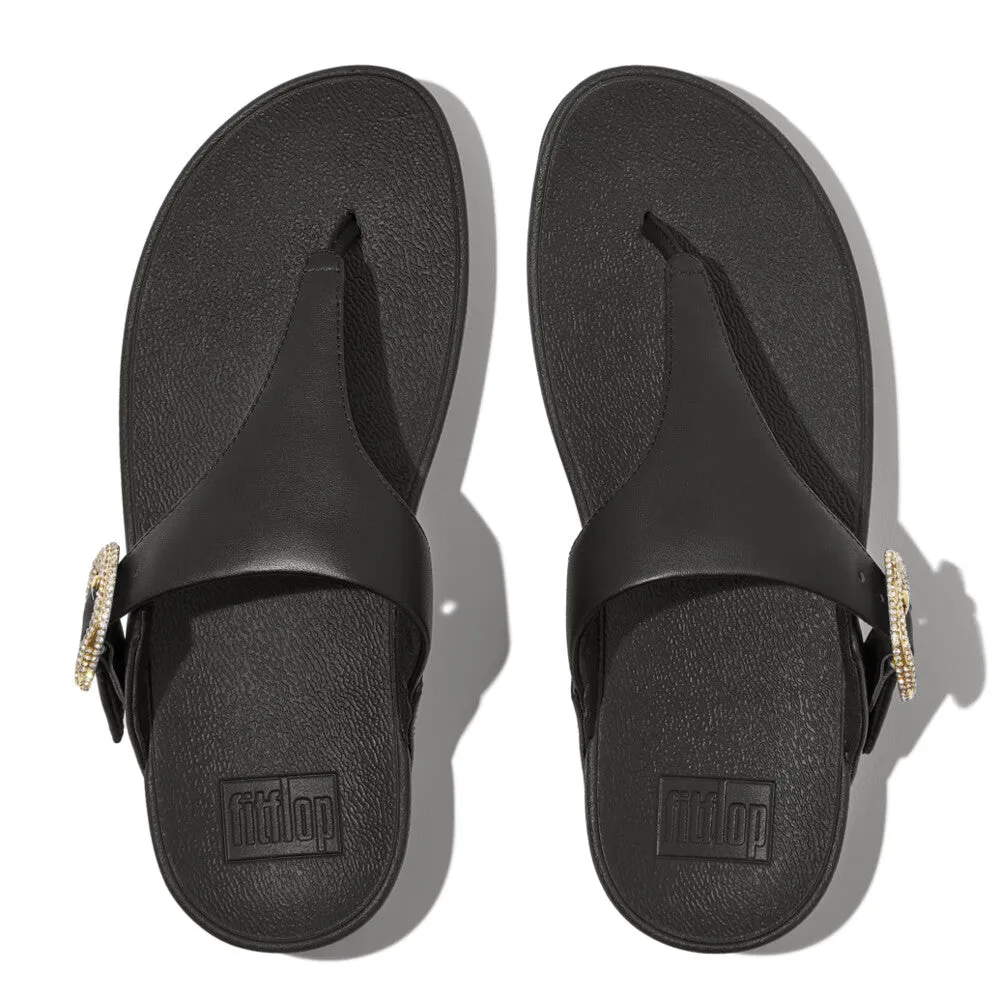 FitFlop Lulu Crystal Buckle Leather Toe Post Sandals Black