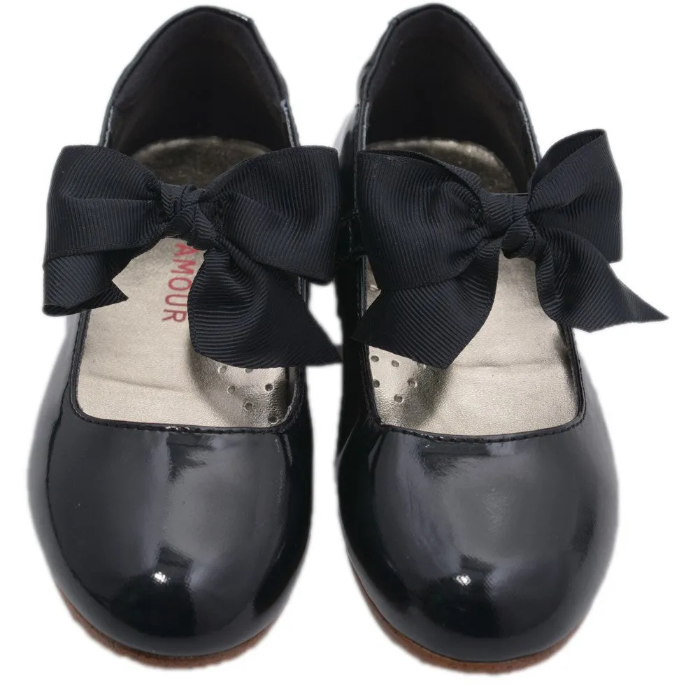 Girls Black Grosgrain Bow Flats Dress Shoes 5 Toddler-4 Kids