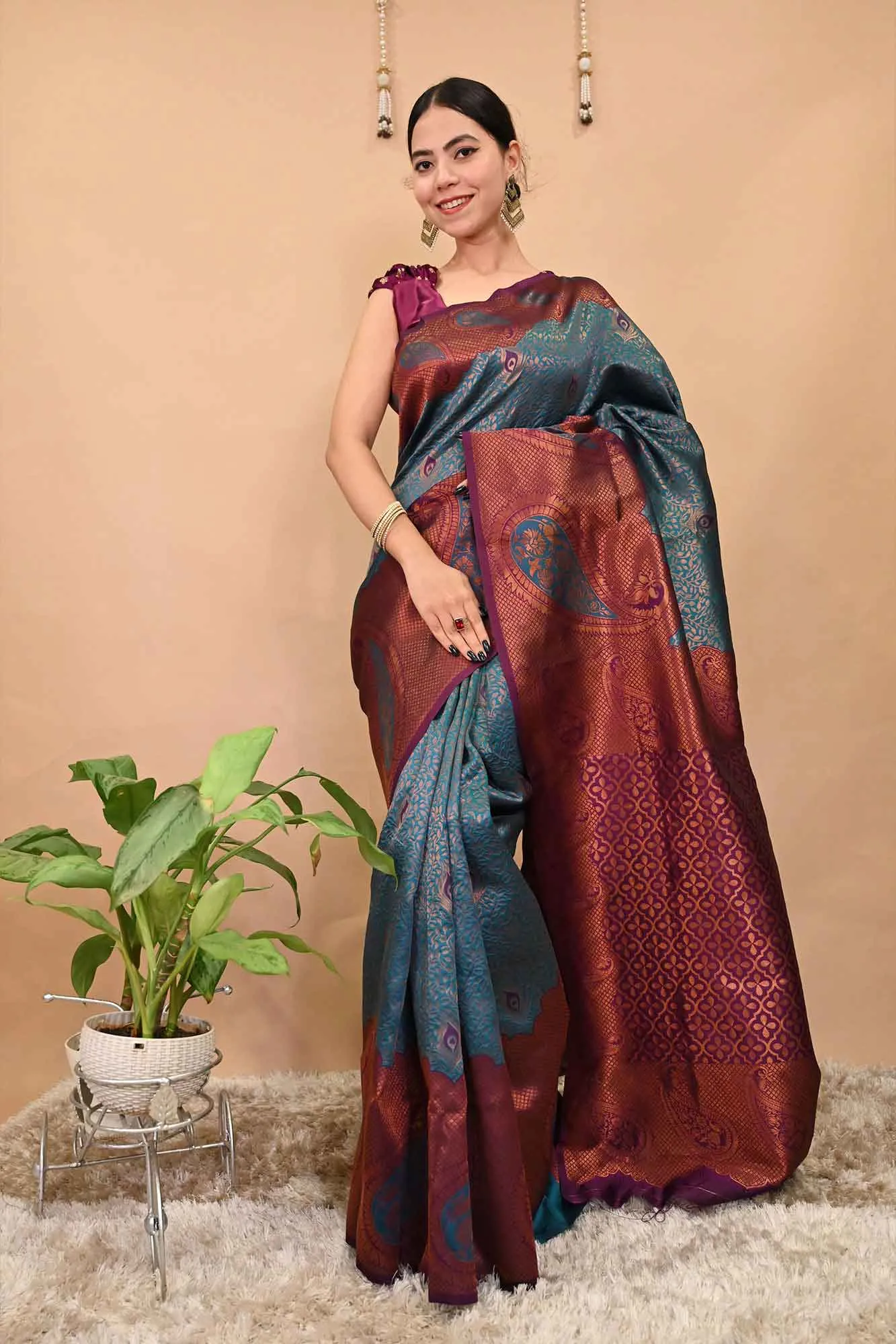 Kanchipuram Pattu meets Banarasi Brocade Teal Blue With Copper Zari Bordered Paisley Woven With Ornate Pallu Pre Drape Saree