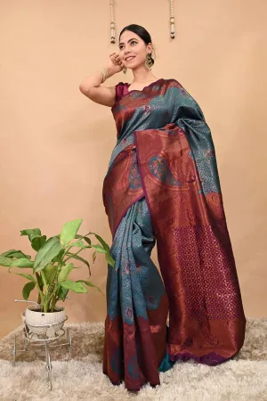 Kanchipuram Pattu meets Banarasi Brocade Teal Blue With Copper Zari Bordered Paisley Woven With Ornate Pallu Pre Drape Saree