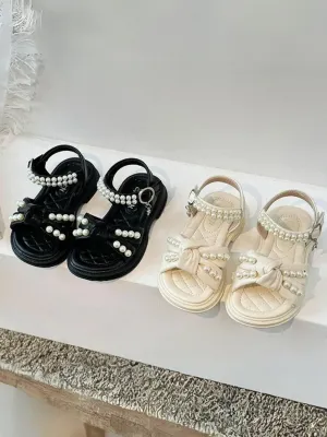 Luxe Pearl-Embellished Bow Sandals in Classic Black and Elegant Ivory By Liv And Mia