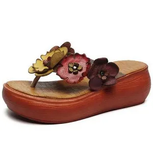 Luxurious Tanned Cowhide Flower Power Platform Flip-Flops