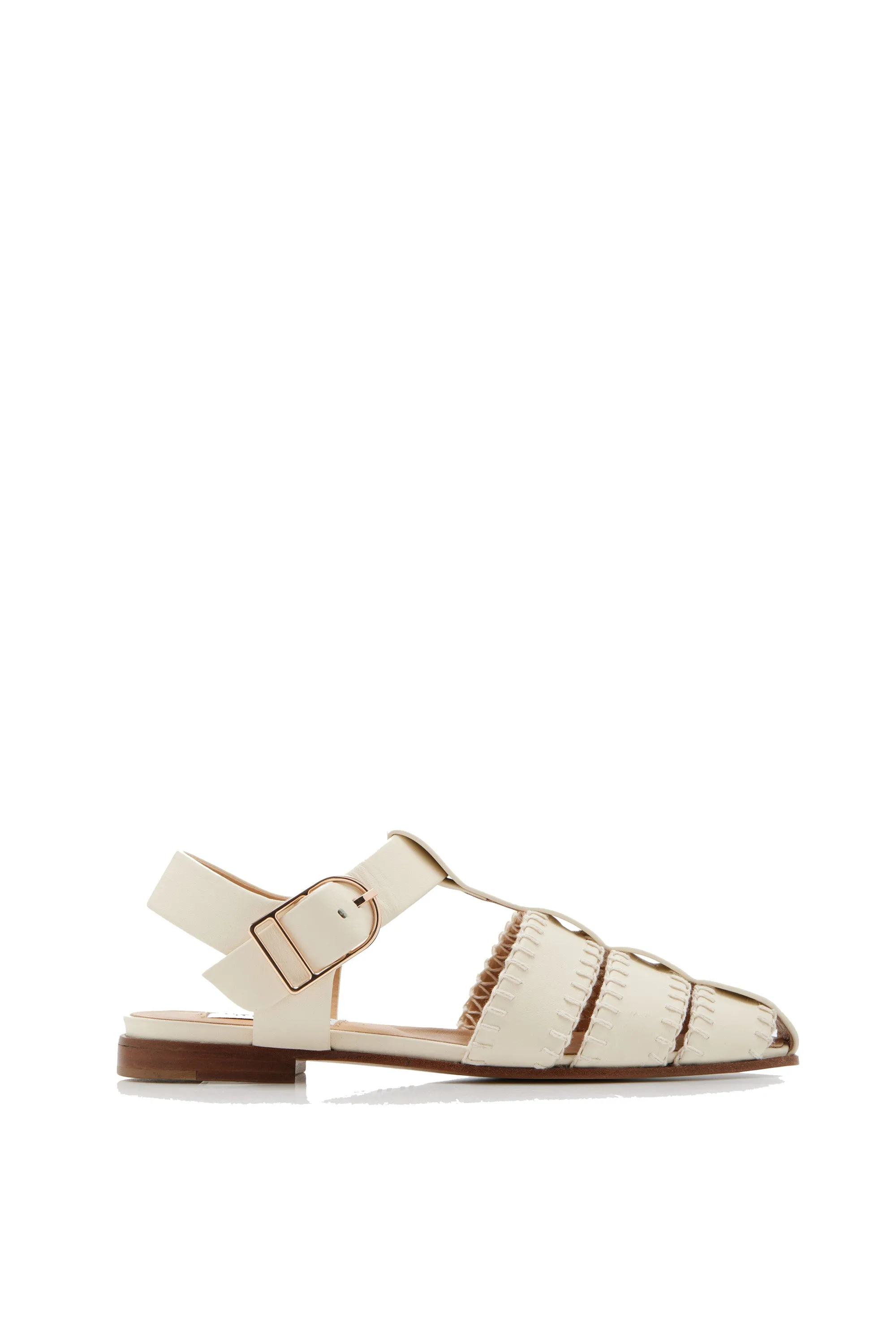 Lynn Flat Sandal in Cream Nappa Leather with Stitch