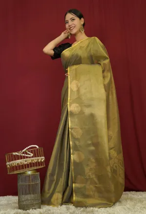 Mehndi Green Dhoop Chaav Tissue Silk  With Beautiful  Zari Ornate Pallu Wrap In One Minute saree