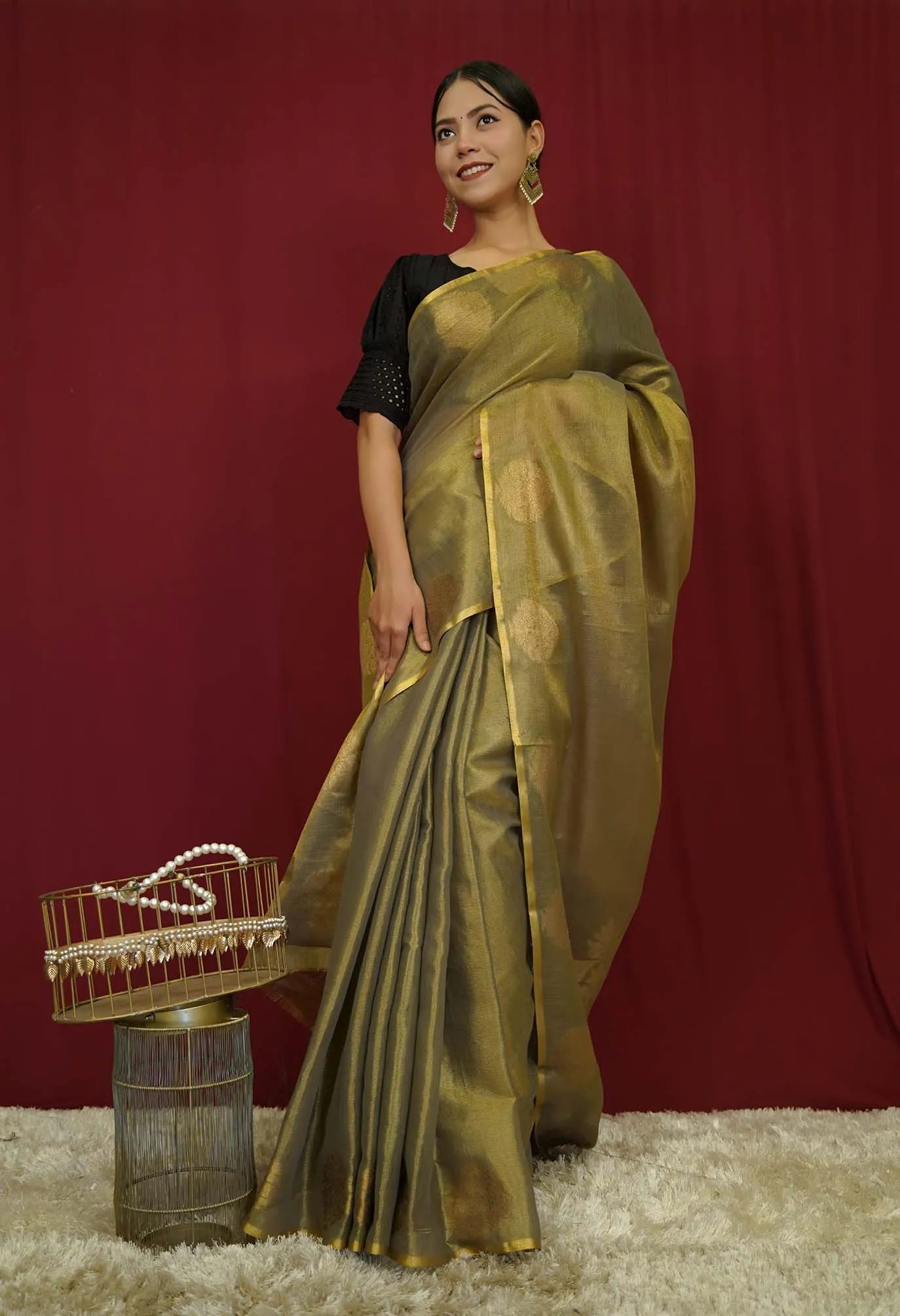 Mehndi Green Dhoop Chaav Tissue Silk  With Beautiful  Zari Ornate Pallu Wrap In One Minute saree