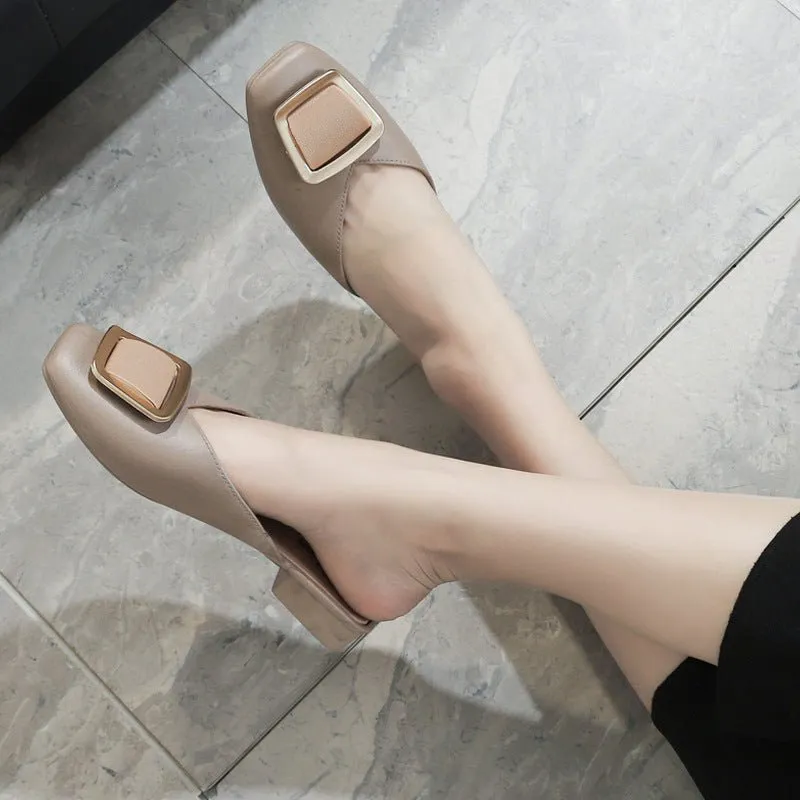 Modern Mule Style Low Square Heel Large Buckle Shoes