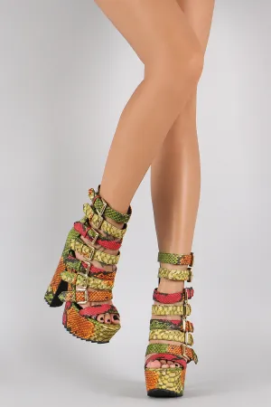 Multicolor Snake Buckled Strappy Gladiator Chunky Platform Heel