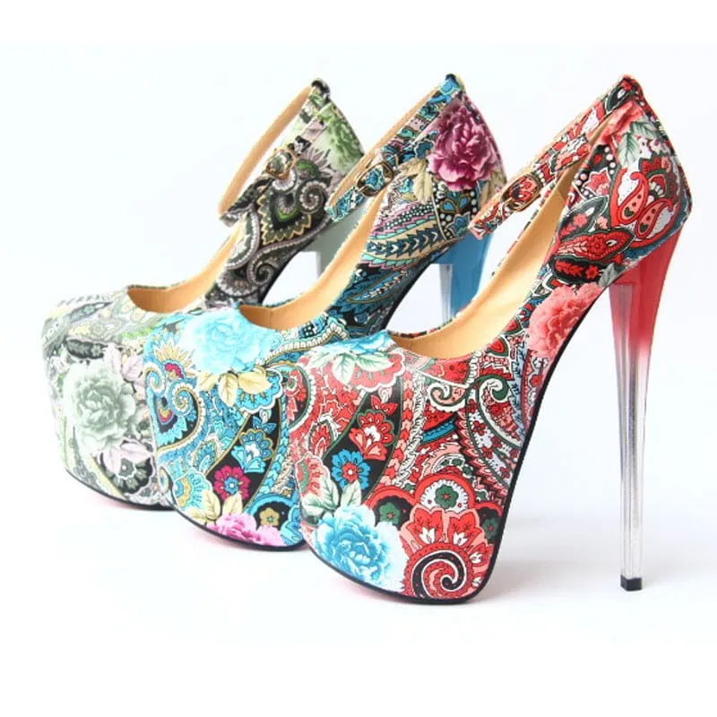 Paisley Style Print Drag Queen Heels with Clear Acrylic Platforms