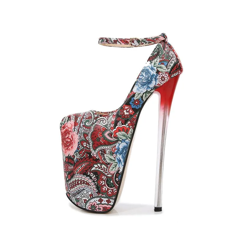 Paisley Style Print Drag Queen Heels with Clear Acrylic Platforms