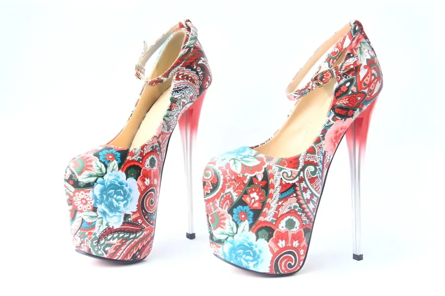 Paisley Style Print Drag Queen Heels with Clear Acrylic Platforms