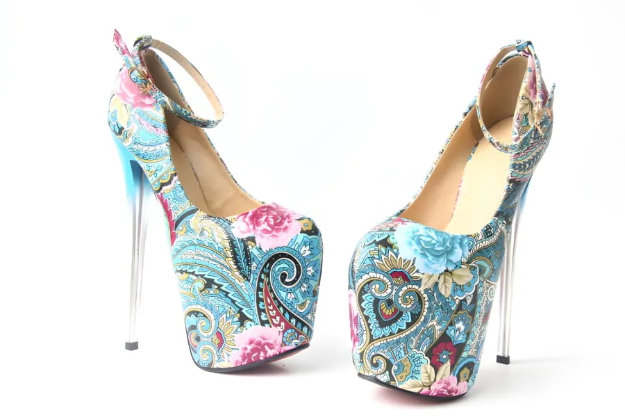 Paisley Style Print Drag Queen Heels with Clear Acrylic Platforms