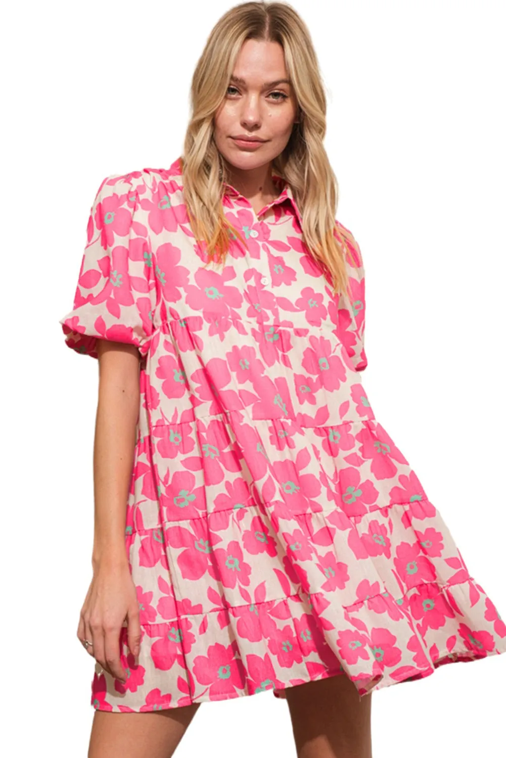 Pink Boho Floral Lantern Sleeve Flared Mini Dress