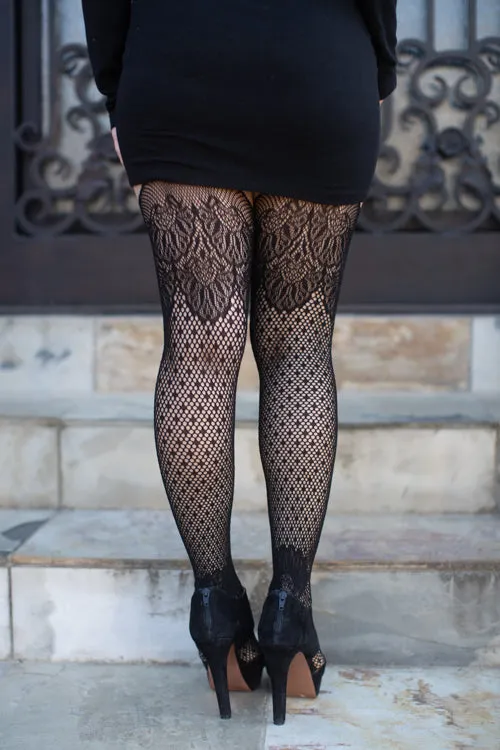 Polka Dot Fishnet Suspender Tights with Cuban Heel