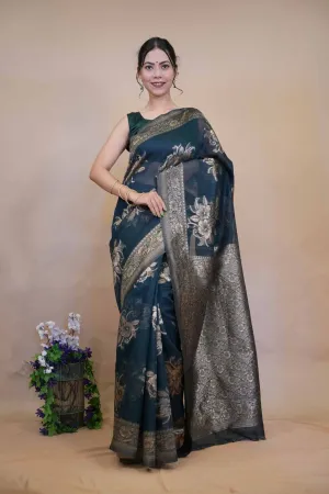 Predraped Banarasi With Golden Floral Zari Woven  Overall  & Ornate Pallu Ready To Wear Saree