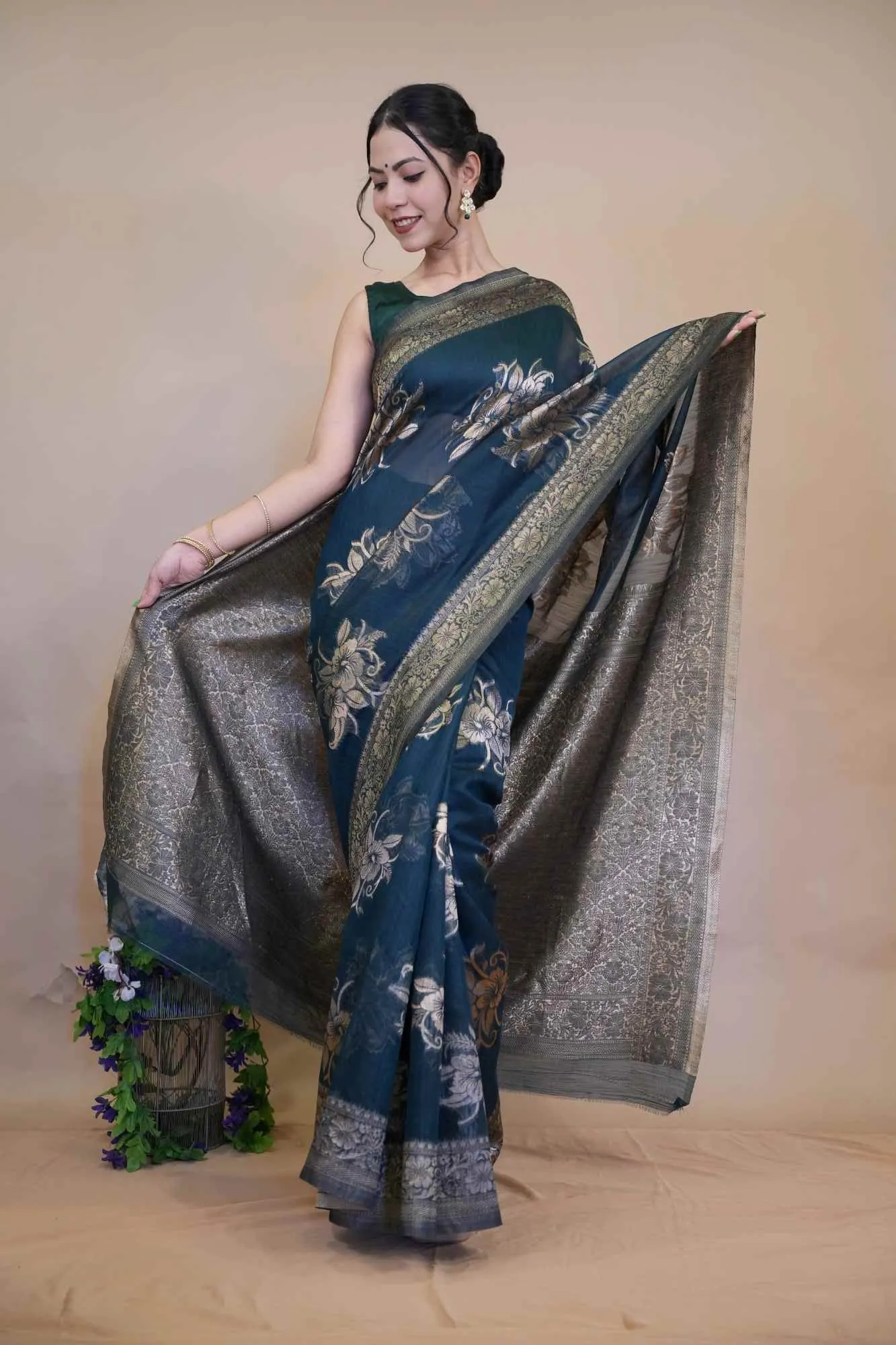 Predraped Banarasi With Golden Floral Zari Woven  Overall  & Ornate Pallu Ready To Wear Saree