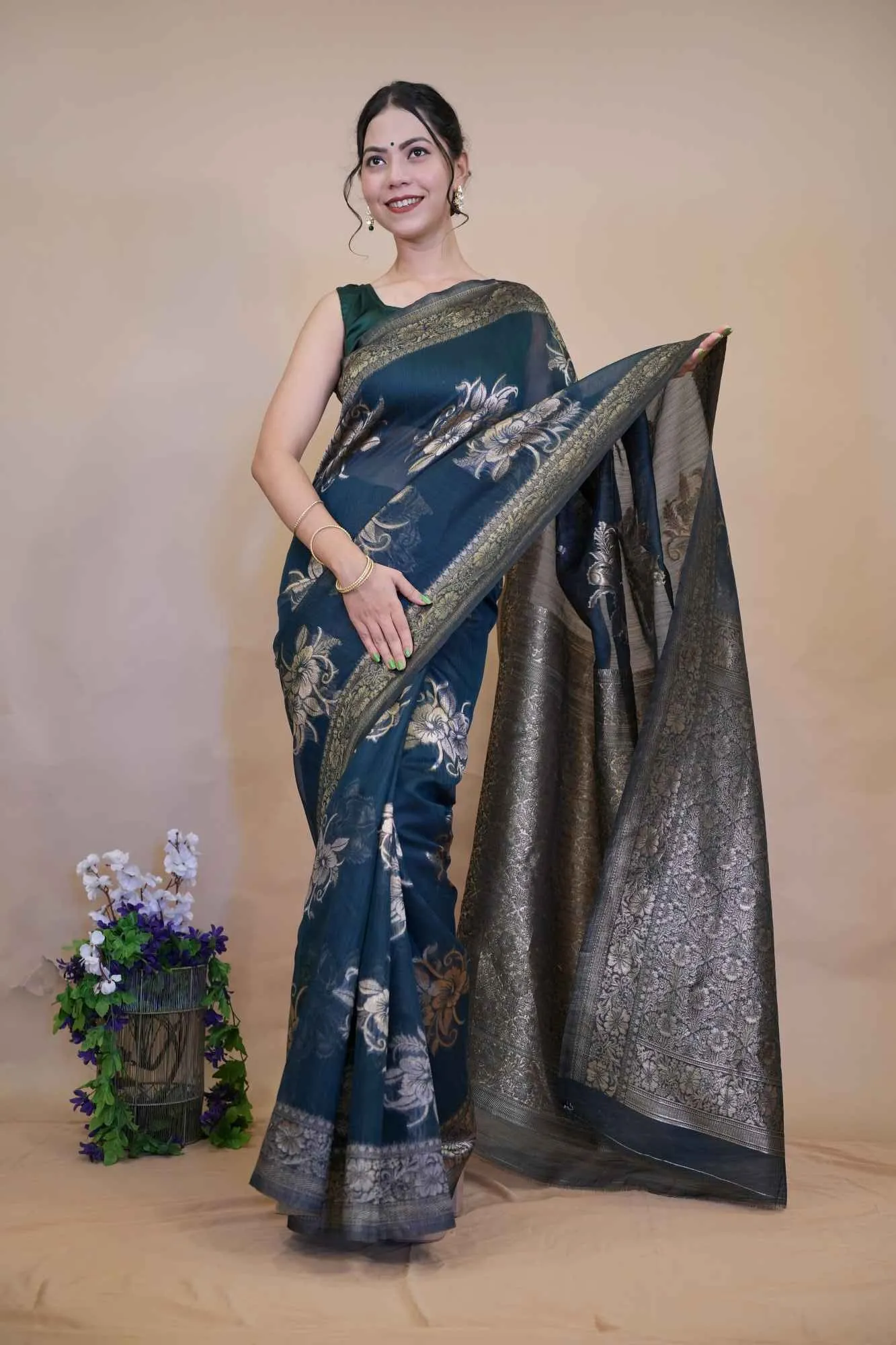 Predraped Banarasi With Golden Floral Zari Woven  Overall  & Ornate Pallu Ready To Wear Saree