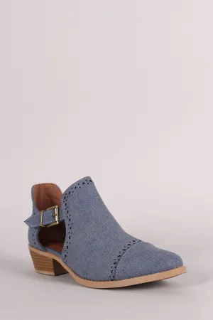 Qupid Perforated Denim Buckled Cutout Cowgirl Ankle Boots