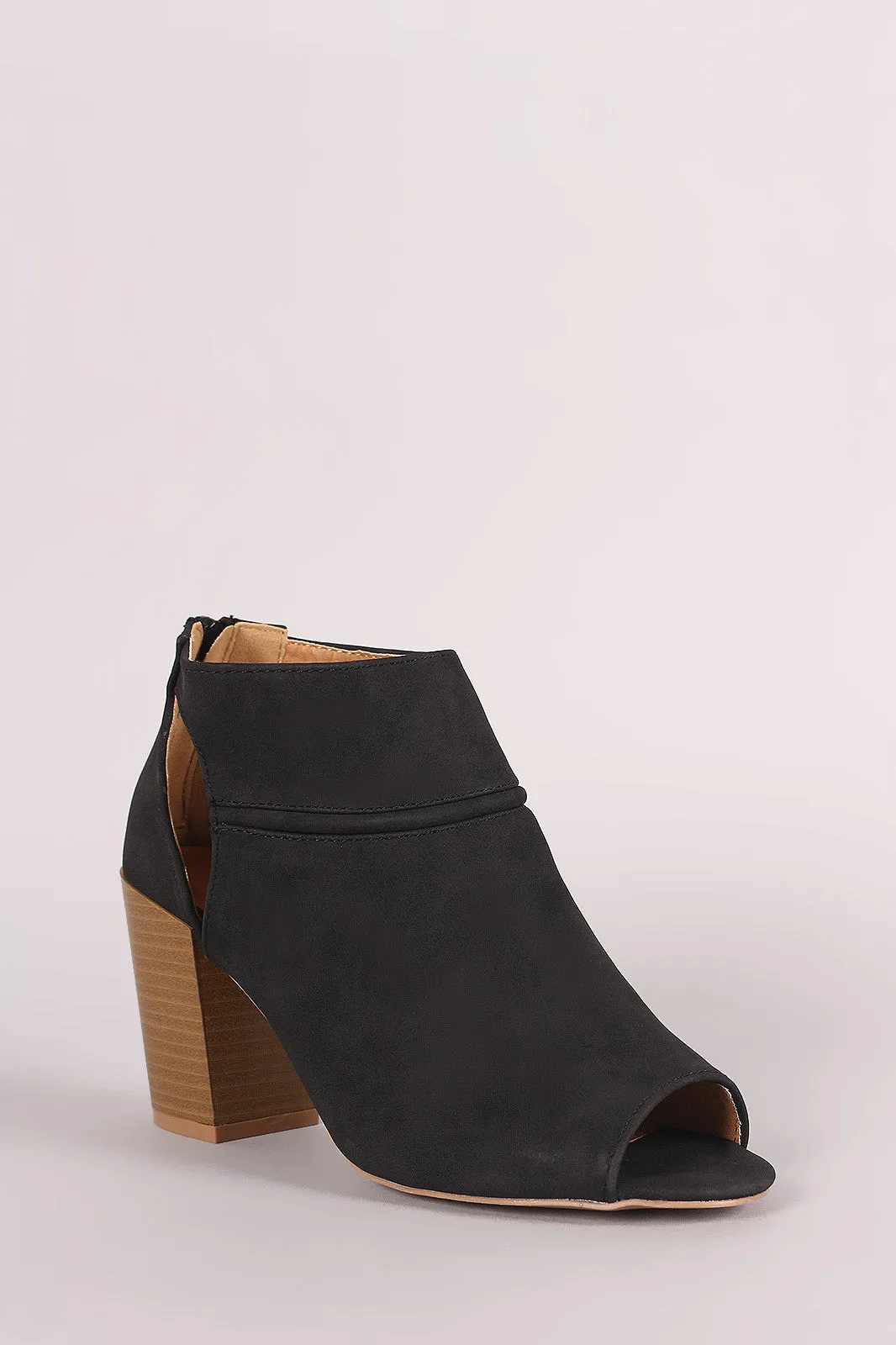 Qupid Suede Peep Toe Cutout Stacked Chunky Heeled Booties