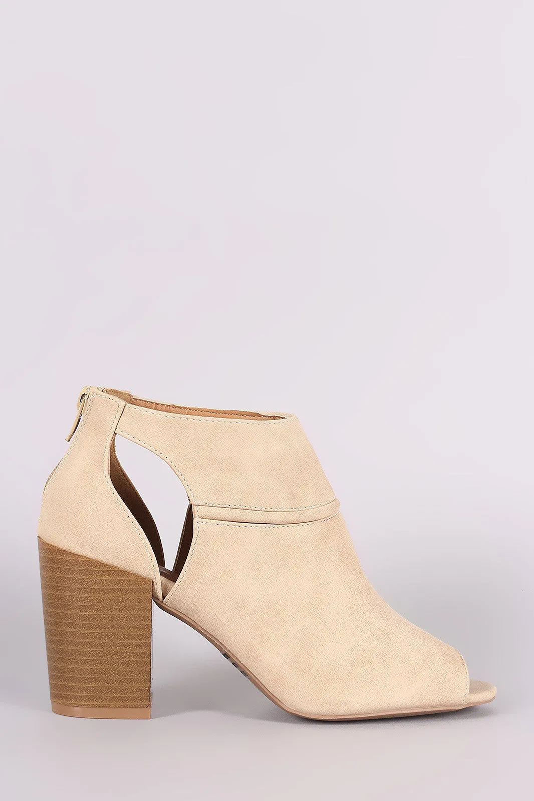 Qupid Suede Peep Toe Cutout Stacked Chunky Heeled Booties