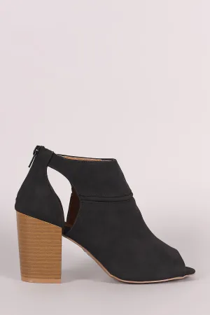 Qupid Suede Peep Toe Cutout Stacked Chunky Heeled Booties