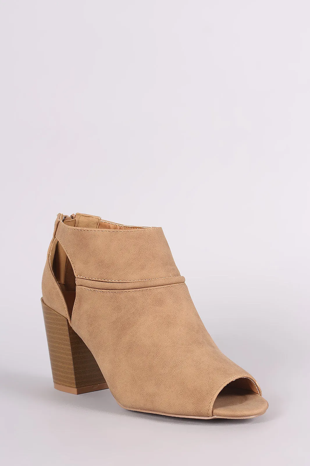 Qupid Suede Peep Toe Cutout Stacked Chunky Heeled Booties