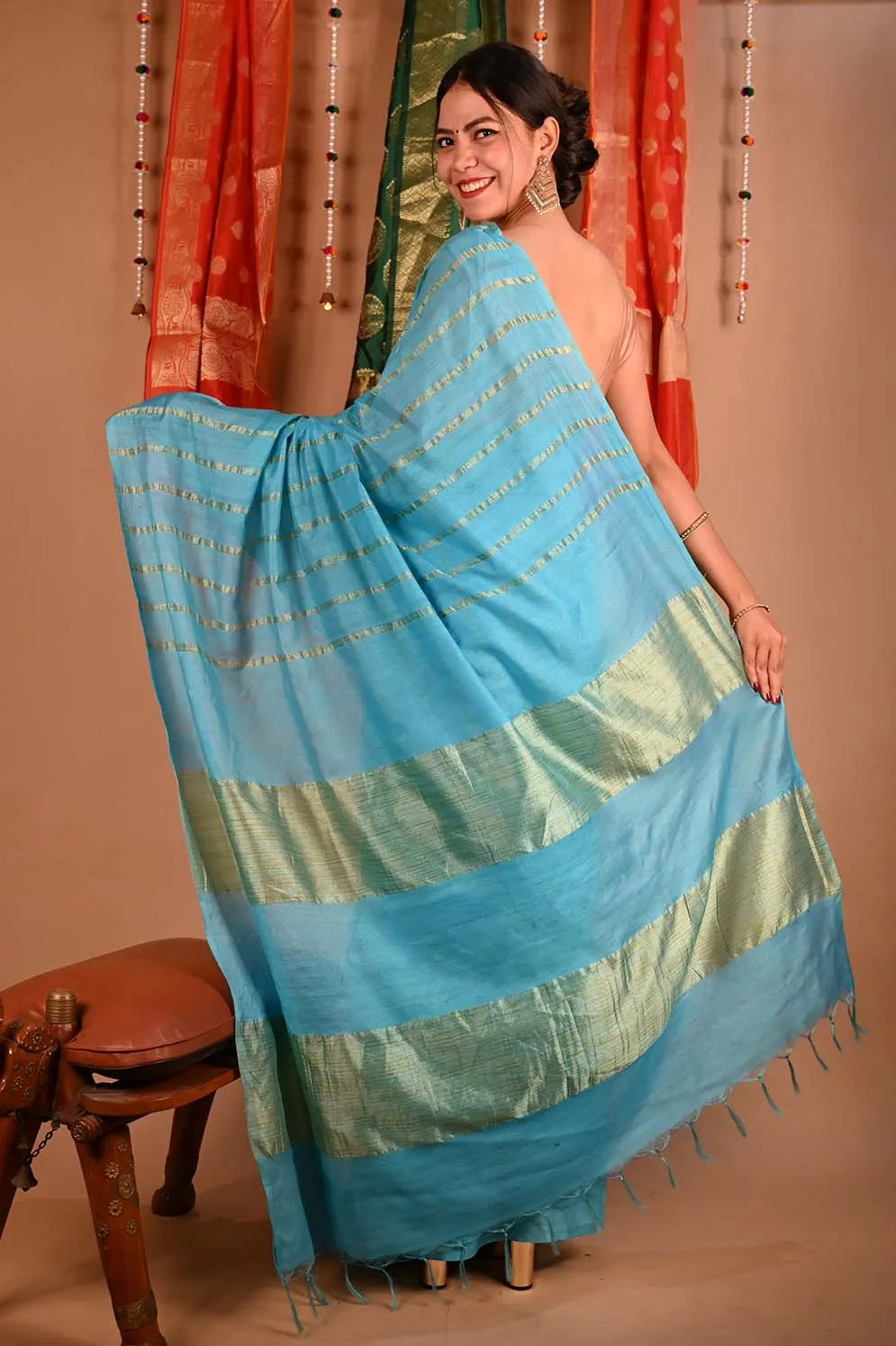 Ready To Wear Blue Premium Bhagalpuri Cotton Silk with woven zari embedded With Ornate Pallu  Wrap in 1 minute saree