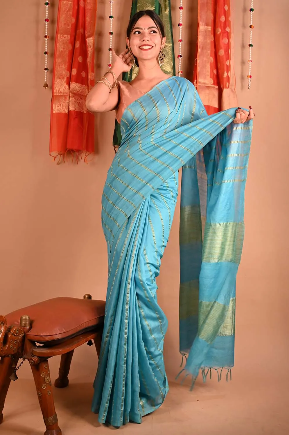 Ready To Wear Blue Premium Bhagalpuri Cotton Silk with woven zari embedded With Ornate Pallu  Wrap in 1 minute saree