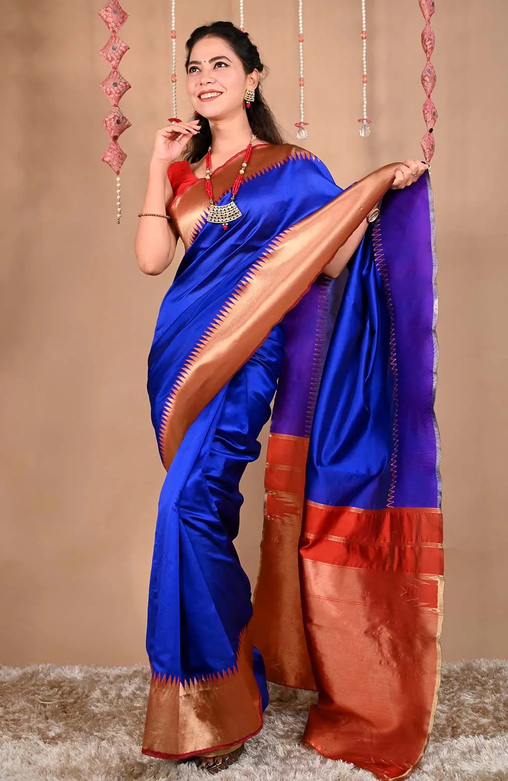 Ready To Wear Kanjivaram Lichi Silk mix with Raw Silk With Temple Border With Ornate Pallu Warp In One Minute Saree