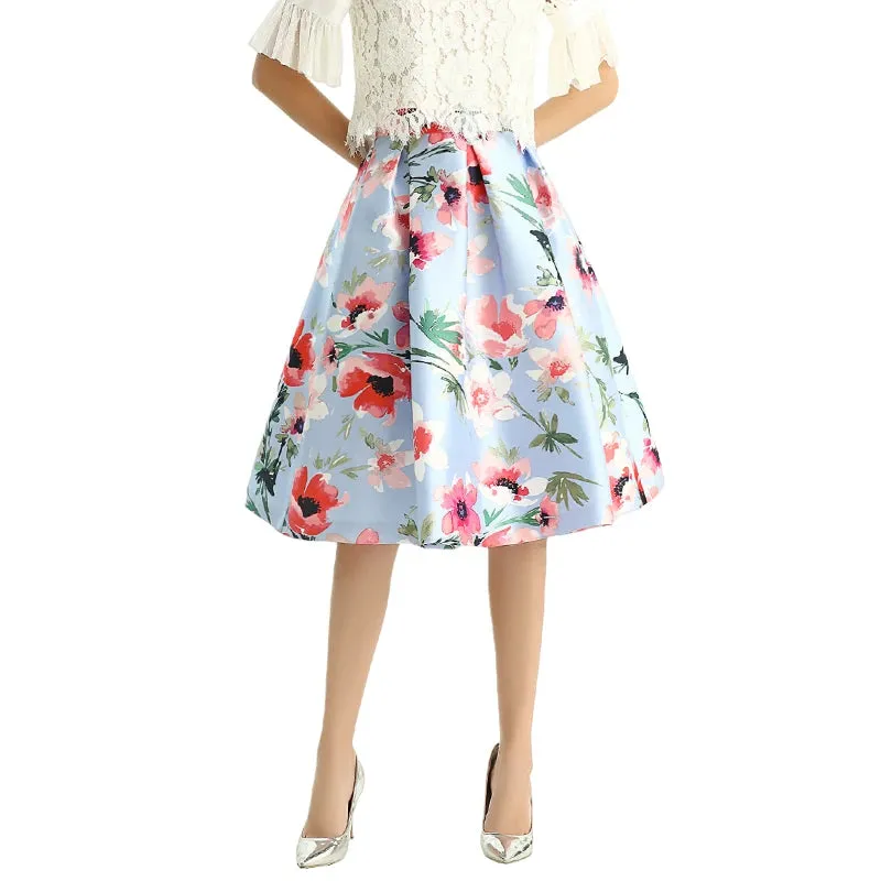 S137 Women floral print inverted pleat A-line midi skirt