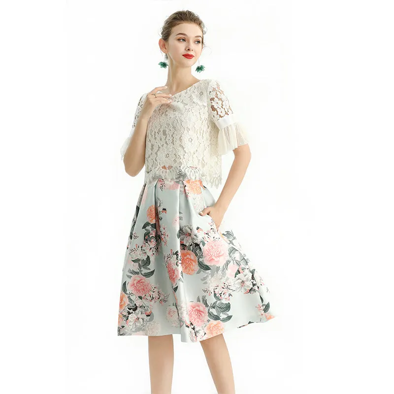 S137 Women floral print inverted pleat A-line midi skirt