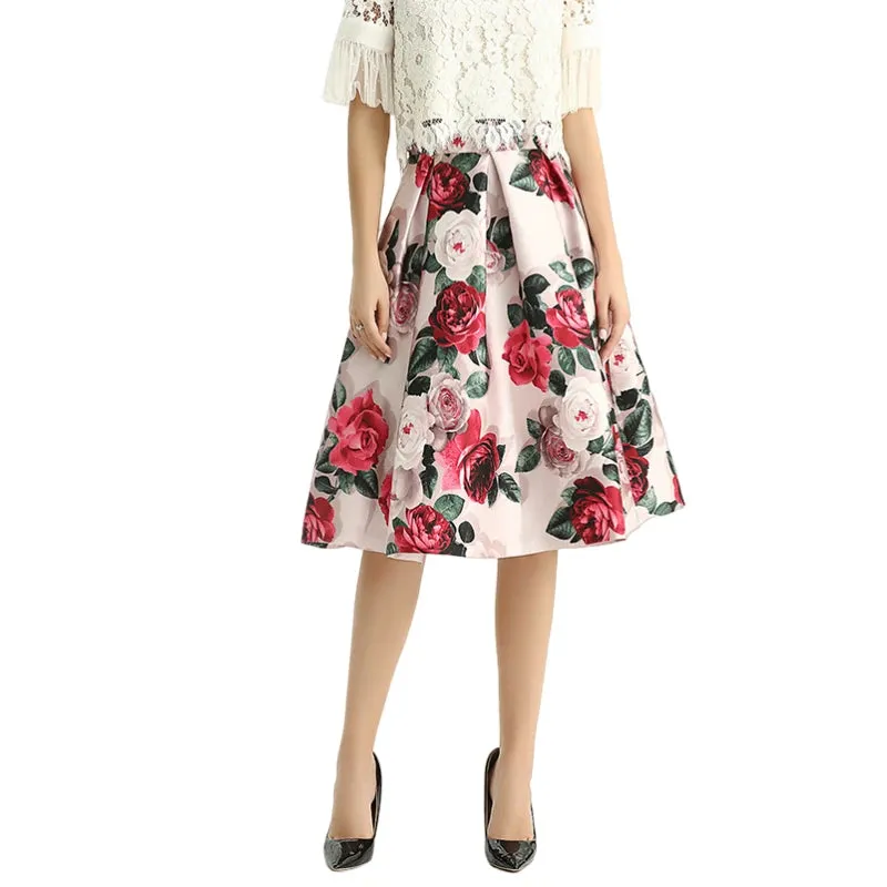 S137 Women floral print inverted pleat A-line midi skirt