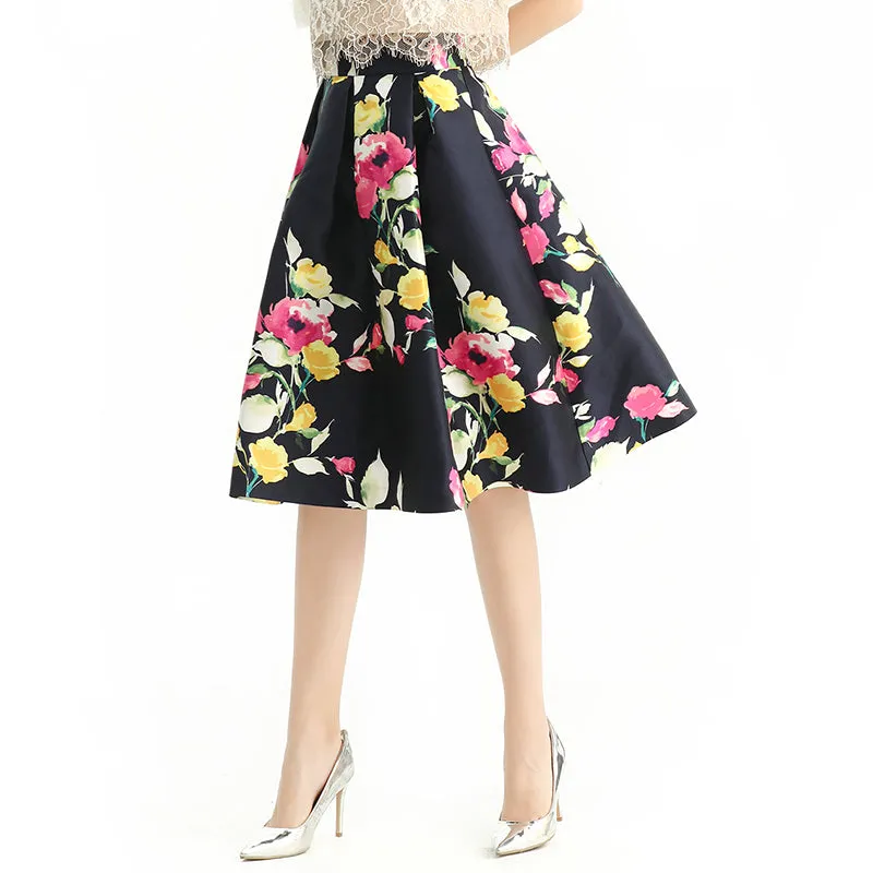 S137 Women floral print inverted pleat A-line midi skirt